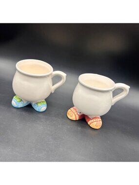 Vintage Mugs Whimsical Legs Walking Kitschy Ceramic Pot Belly Coffee Cups